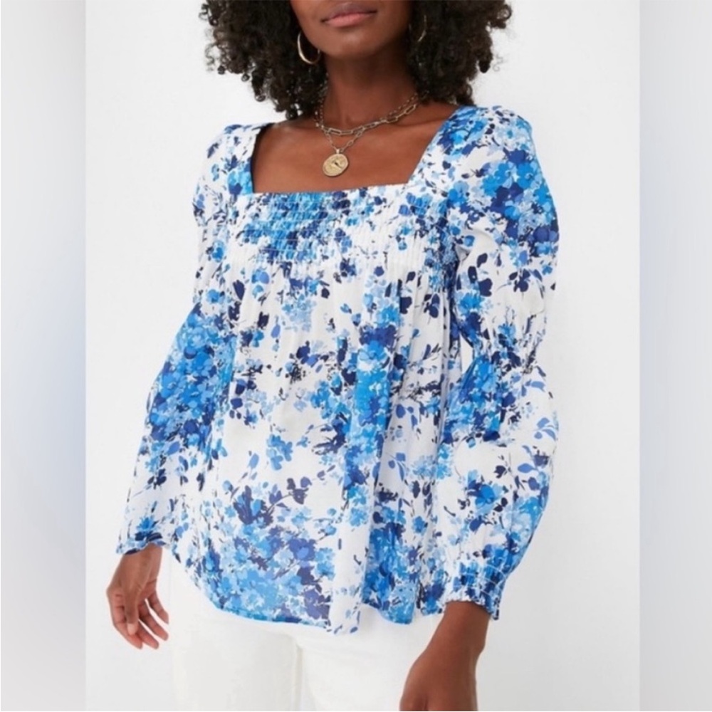 Tuckernuck Blue & White Printed Smocked Blouse